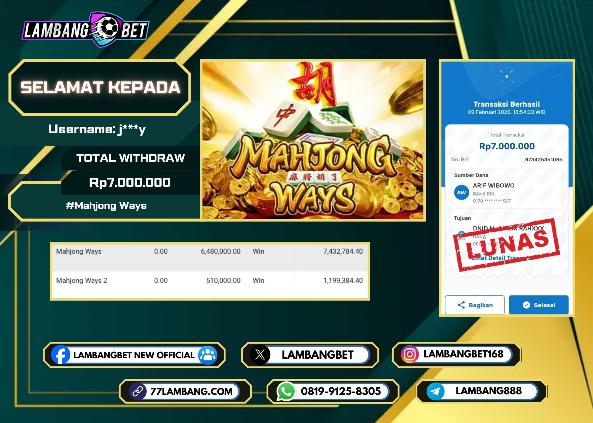 LAMBANGBET [9 FEBRUARI 2026] JACKPOT SLOT Mahjong Ways "Rp7.000.000" LUNAS